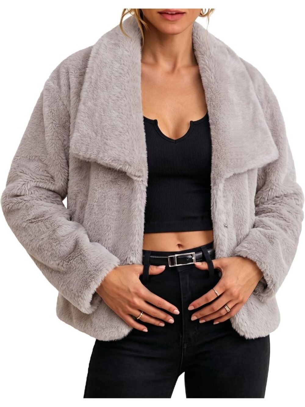Women's Grey Faux Fur Jackets Coats Oversized Winter Outerwear's Side Pockets